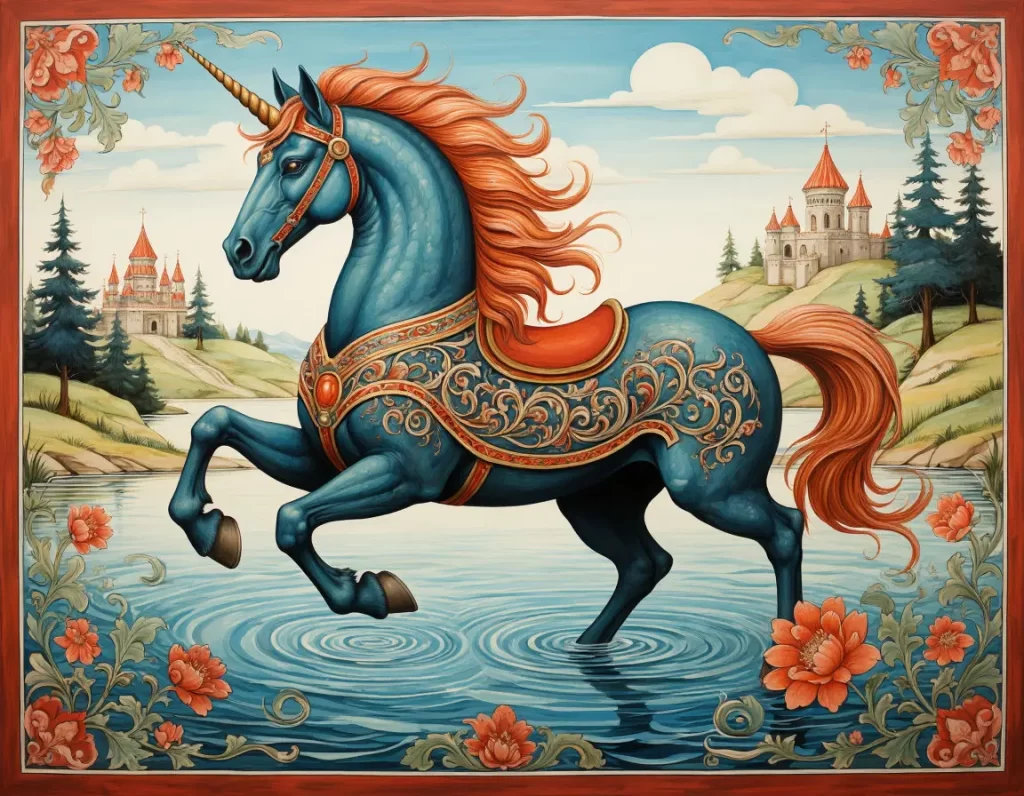 Вот что нарисовала нейросеть по запросу: «водный конь в стиле древнерусской миниатюры»